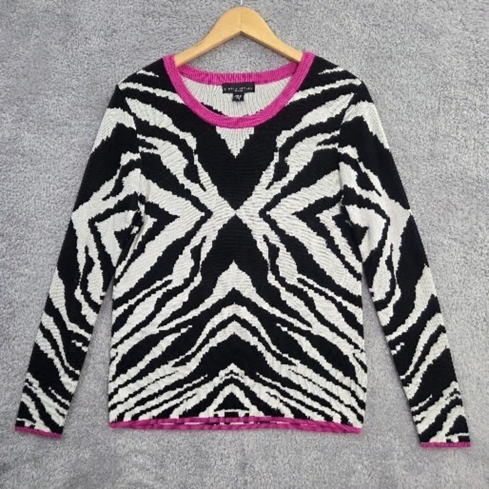 Simply Styled‎ Sears Women's Zebra Print Sweater Small Black White Hot Pink Trim